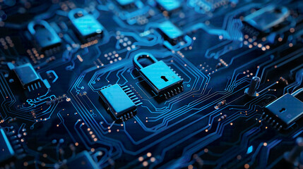 Locks on blue integrated circuit illustrating cyber security and private information protection firewall against hacker attacks 