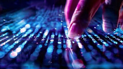 Macro photograph of a programmer's hand typing intricate binary code into a security system illustrating the vigilance required to protect against malware threats in the realm of cyber security 
