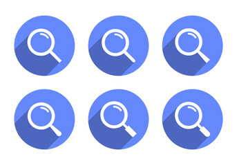Search icon set collection with long shadow. Magnifier, loupe, magnifying glass concept