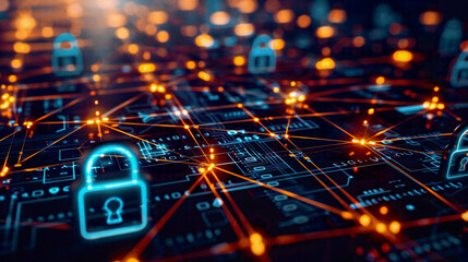 Modern digital background information protection and cyber security theme featuring secure lock symbols and interconnected network lines 