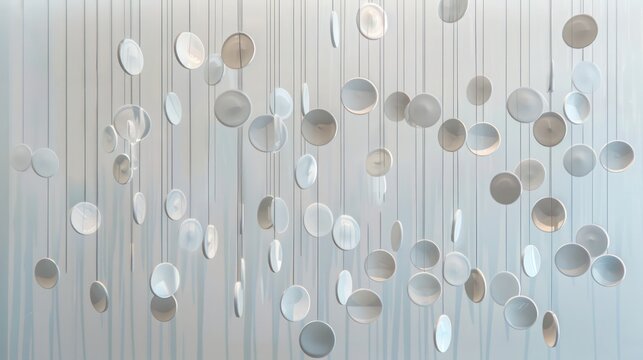 Screen wall with ceramic disks suspended on cables, each disk rotating freely to catch the wind and provide a kinetic visual barrier