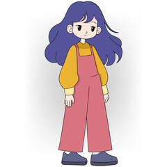 Innocent Girl with Long Hair Wearing Pink Overalls and Yellow Sweater