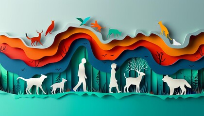 Colorful paper cutout art illustrating humans and animals walking through a layered nature landscape. Creative and vibrant design.
