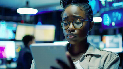 Obraz premium Portrait of multiethnic female government employee using tablet in system control monitoring center Background: coworkers at workspaces with displays showing technical data 