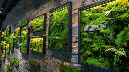 Screen wall with floating frames of live moss and thin stone veneers, creating a living artwork that enhances both privacy and environmental quality