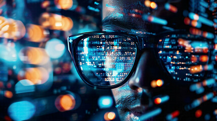 Programmer or IT person with glasses coding hologram and tablet digital technology and data analytics night overlay with cybersecurity elements 