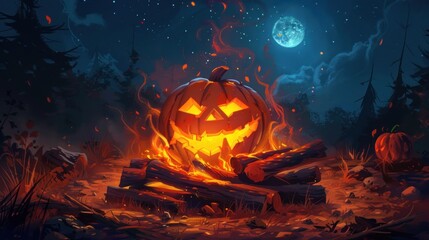 A Halloween pumpkin with a carved face lit above a bonfire with an atmosphere that suggests mystery and joy on Halloween night.