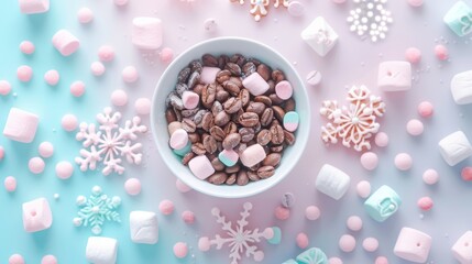 Bowl of coffee beans and pastel marshmallows surrounded by snowflakes and candies on a pastel background. Concept of festive treats and winter delicacies.