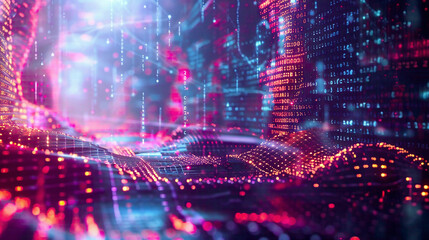 Obraz premium Scene showcases a 3D illustration merging big data and cybersecurity concepts Neural networks and artificial intelligence structures intertwine with information waves and a global database