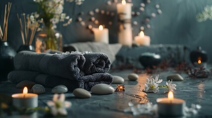 minimalistic style, grey towels neatly rolled, lit candles, delicate flowers and polished stones on a modern table. Emphasize a relaxing home spa ambiance with soothing aromatherapy and self-care