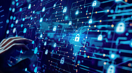 Obraz premium Secure payment and safe communication online person using computer for web transactions digital locks and padlocks on network diagram high-tech blue background 