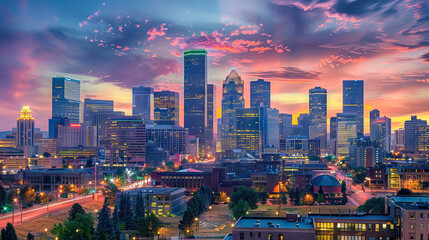 The skyline of  capital city with buildings against sunset sky.