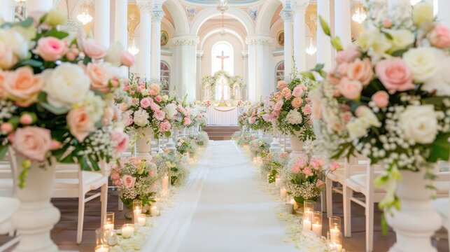 Beautifully decorated wedding chapel with flowers along the aisle, bright and airy. Romantic ceremony concept.