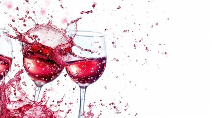 Red wine splashing in two glasses isolated on a white background. Perfect for vibrant celebration and dynamic beverage themes.