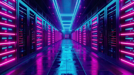 Fototapeta premium Shot of fully operational data center with multiple rows of server racks Modern telecommunications cloud computing artificial intelligence database emphasized 