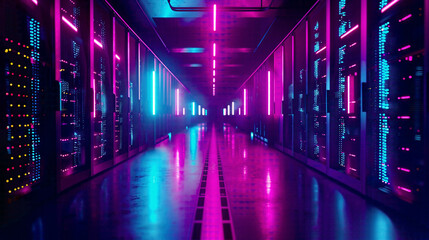 Fototapeta premium Shot of fully operational data center with multiple rows of server racks Modern telecommunications cloud computing artificial intelligence database emphasized 