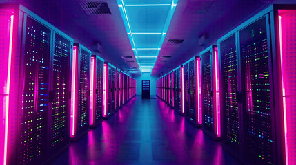 Fototapeta premium Shot of fully operational data center with multiple rows of server racks Modern telecommunications cloud computing artificial intelligence database emphasized 