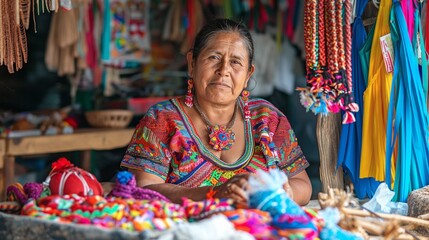 Indigenous Latin American woman selling colorful handmade crafts at market stall
