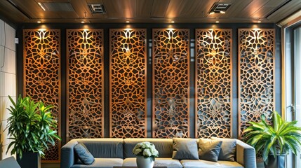 Screen wall with intricate lattice work made from weather-resistant composite materials, offering an elegant solution that mimics traditional wood carvings