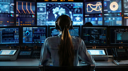 Obraz premium Technical support team in system control center woman using a headset to provide instructions surrounded by multiple technical displays theme could be air traffic power plant or security room 