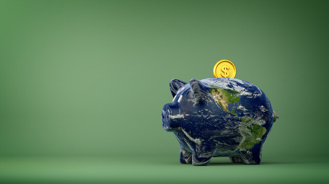 Planet Earth piggy bank with gold dollar coin on clean green background. Environmental social and corporate governance (ESG) concept. Saving the Earth, green investing, environment.
