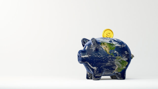 Planet Earth piggy bank with gold dollar coin on clean white background. Environmental social and corporate governance (ESG) concept. Saving the Earth, green investing, environment.