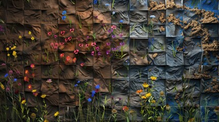 Screen wall with modular elements of compressed earth and wildflower seeds, designed to bloom and provide seasonal colors
