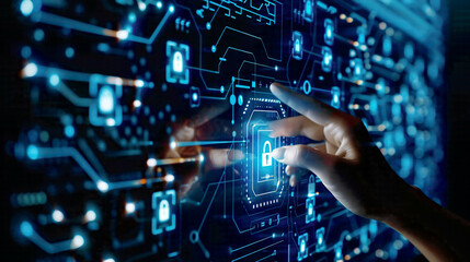 Obraz premium User inputting login credentials cyber security concept with digital lock and network connections data protection and secure access on a dark blue background 