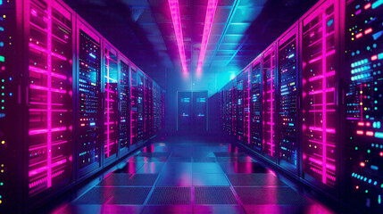 Obraz premium Vibrant data center scene: Operational server racks highlighting modern tech like telecommunications cloud computing AI database Dark backdrop with neon blue pink lights Futuristic feel 