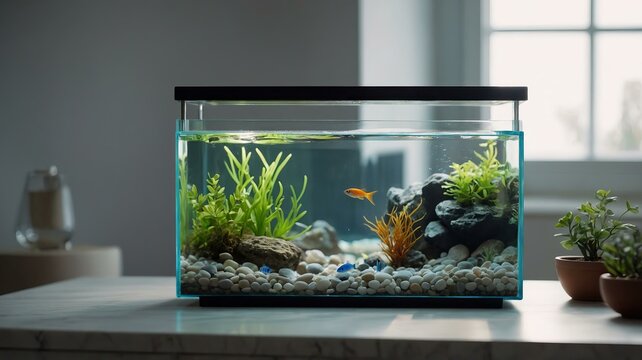 Sleek, modern small aquarium design with single orange fish and green plants sits on white countertop. Tank is filled with clear water and white gravel