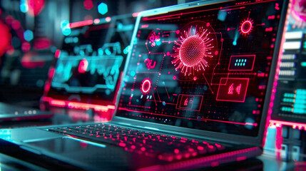 Obraz premium Visual showcases a warning alert of a system hack displayed on a notebook (laptop) screen indicating a cyber attack targeting the computer network Icons denoting viruses