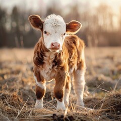 Obraz premium Little calf, cute cow baby portrait, young farm animal, pretty newborn cattle, natural rural life