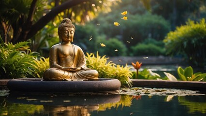 Golden Buddha Statue Meditating in a Tranquil Garden Pond