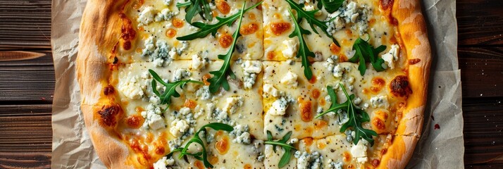 Four Cheeses Pizza with Blue Mold Cheese, Goat Cheese, Mozzarella and Parmesan Closeup
