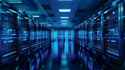 Fototapeta premium Visualization of data center with server racks in 3D concept IT team operates in server room with rows of supercomputers Cyber network hosting data backup render farm