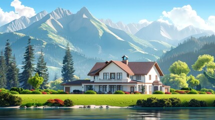 Obraz premium Flat design of a country house with a beautiful mountain background, and a lake with a peaceful atmosphere