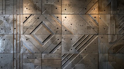 Screen wall with panels of textured concrete embossed with geometric patterns, offering an industrial chic look
