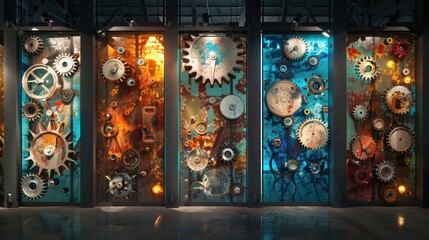 Screen wall with panels of resin embedded with recycled industrial materials like bolts and gears, showcasing a creative reuse in architectural design