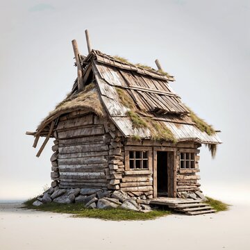 Old Abandoned Wooden And Thatched Hut