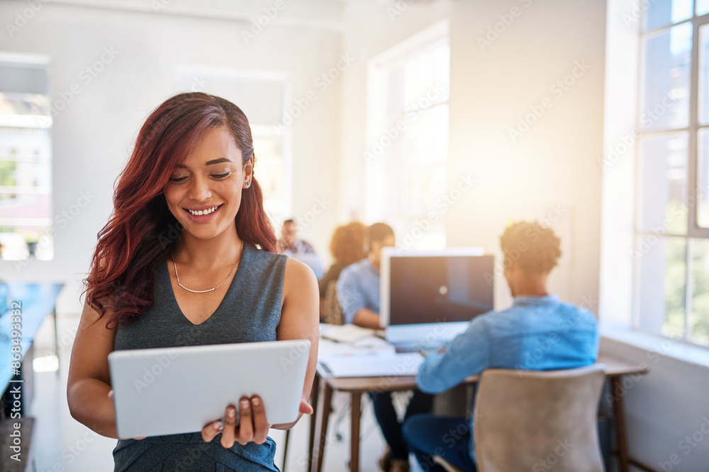 Aufkleber Tablet, research and business woman scroll online for information or project at creative startup. Digital technology, smile and web designer on app for software development, update or reading email