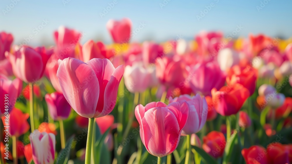 Wall mural A field of vibrant pink tulips.