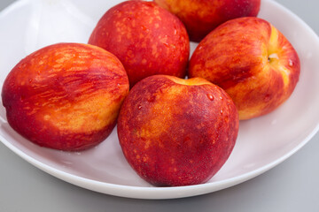 Ripe nectarines on dish on a gray background close-up