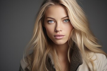 Fototapeta premium Young adult Nordic blonde woman with blond hair and light blue eyes wearing jacket