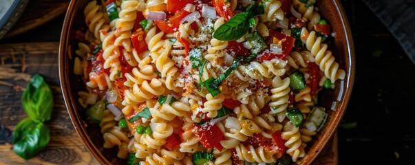 Fototapeta premium A vibrant bowl of fresh pasta salad with tomatoes, onions, and herbs, perfect for summer meals or healthy dining options.