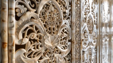 Screen wall with panels of carved bone and horn, showcasing intricate traditional patterns for a luxurious privacy solution