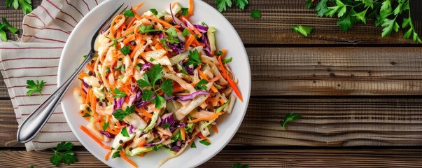 Fresh coleslaw with cabbage, carrots, and parsley, served on a wooden table. Perfect for healthy eating and vibrant presentations.