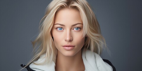 Fototapeta premium Young adult Nordic blonde woman with blond hair and light blue eyes wearing jacket