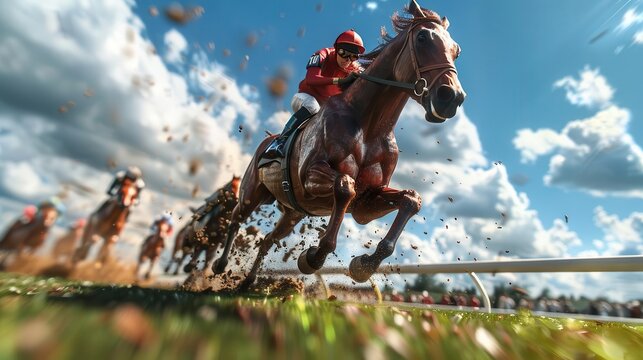 Dynamic low-angle shot of thoroughbred horses racing on a sunny day, with jockeys in vibrant silks and blue skies in the background.