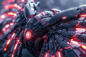 Fototapeta premium Close-up of futuristic mechanical wings with glowing red lights, showcasing advanced technology and intricate design.