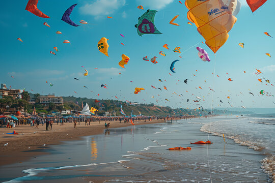 Colorful kite festival at the beach celebrating Indias Independence Day in August - Powered by Adobe